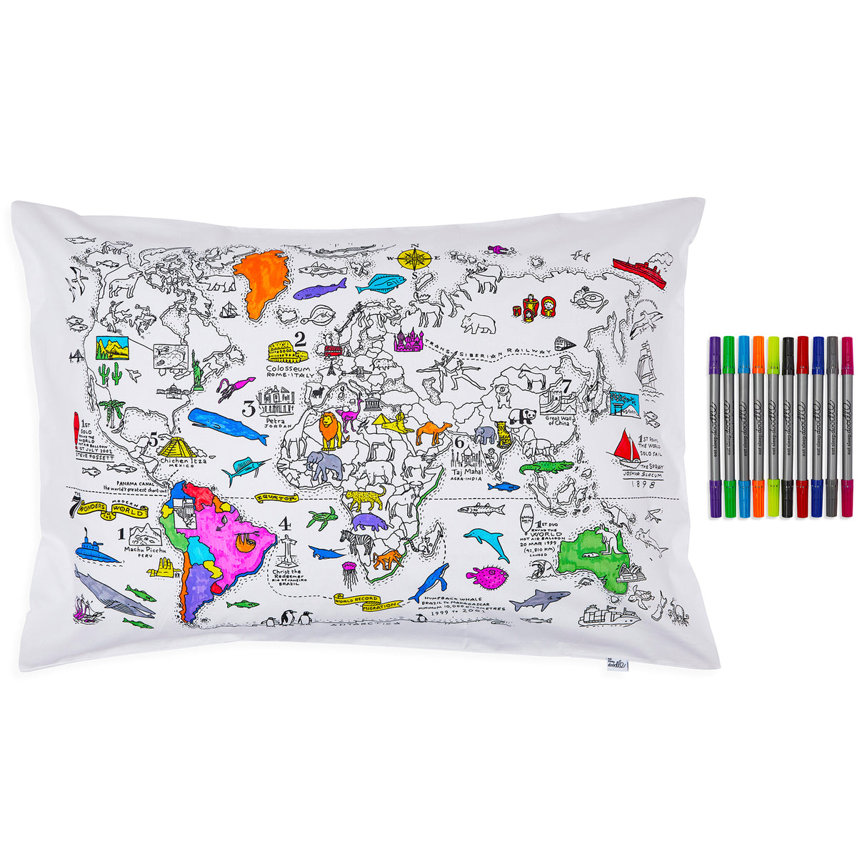 World Map colour in cotton pillowcase eatsleepdoodle