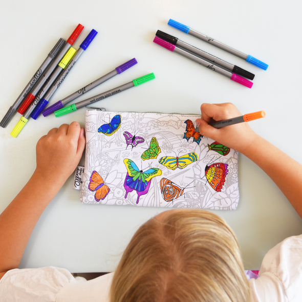 child colouring in butterfly pencil case