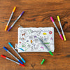 world map pencil case on a wooden table