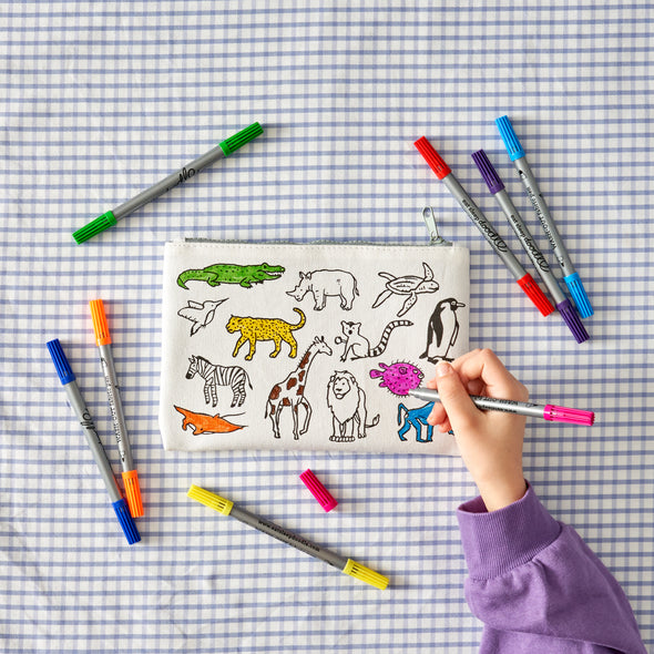 world map pencil case with animals on the side