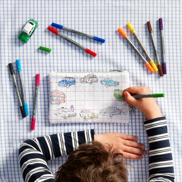 boy colouring in car pencil case