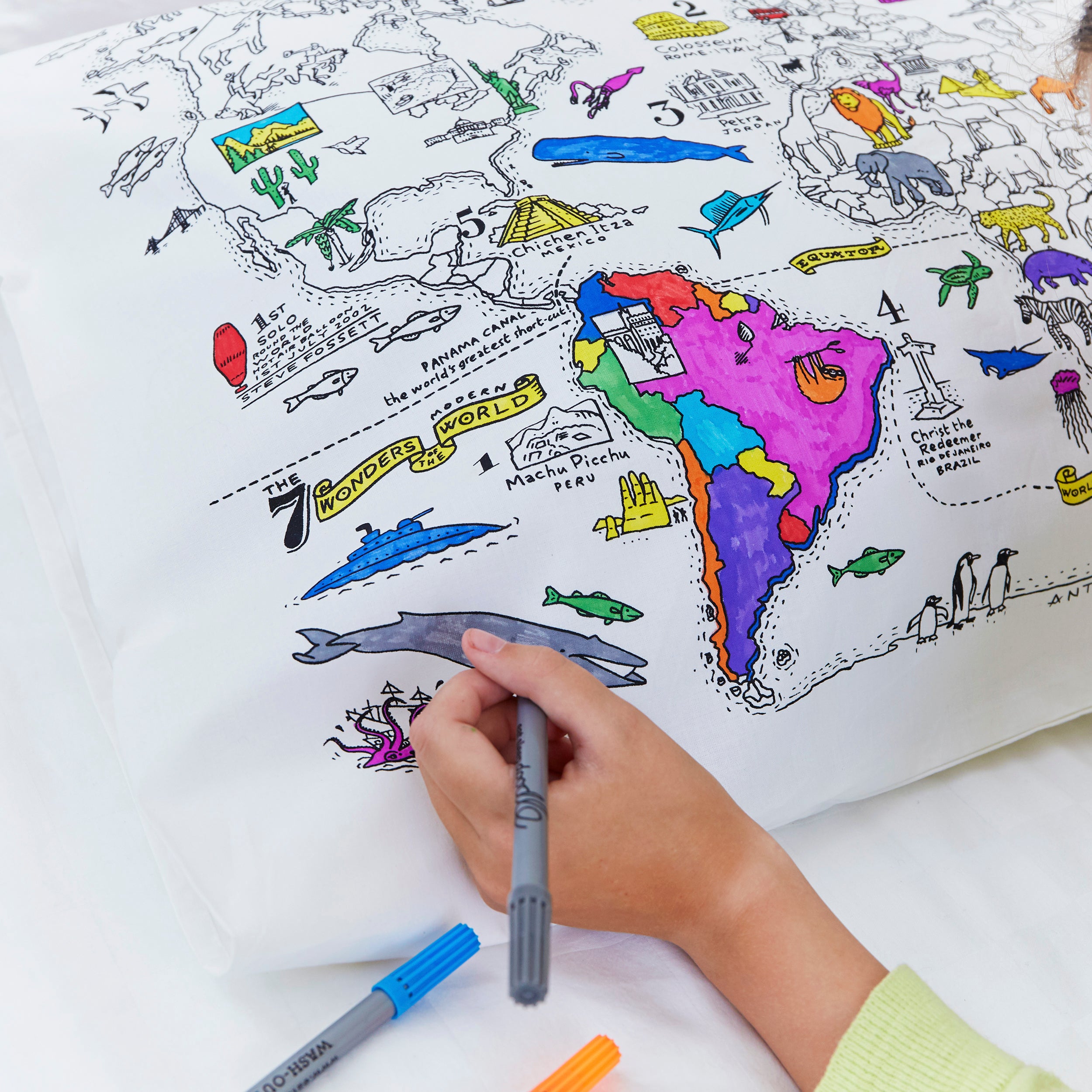World Map colour in cotton pillowcase eatsleepdoodle